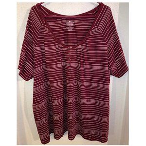 Woman Within Maroon White Striped Scoop Neck Short Sleeve Half Button Top sz 3X